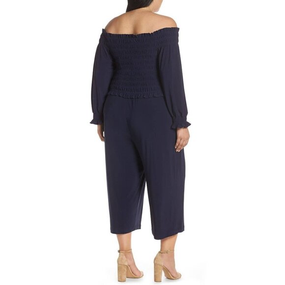 NWT Chelsea28 Size L Long Sleeve Off The Shoulder Smocked Jumpsuit in Blue - Picture 3 of 12